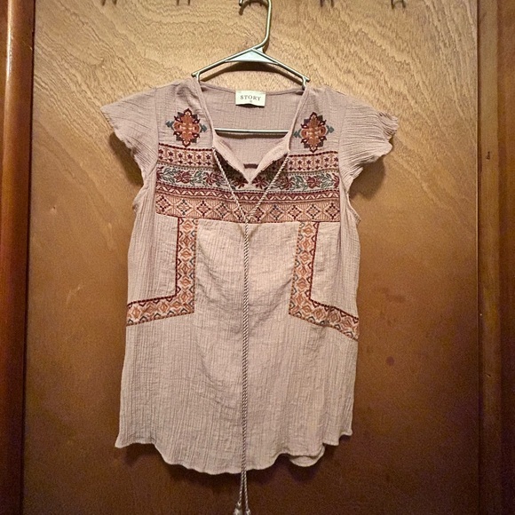 Story Women's Embroidered Tan Blouse - Picture 2 of 7